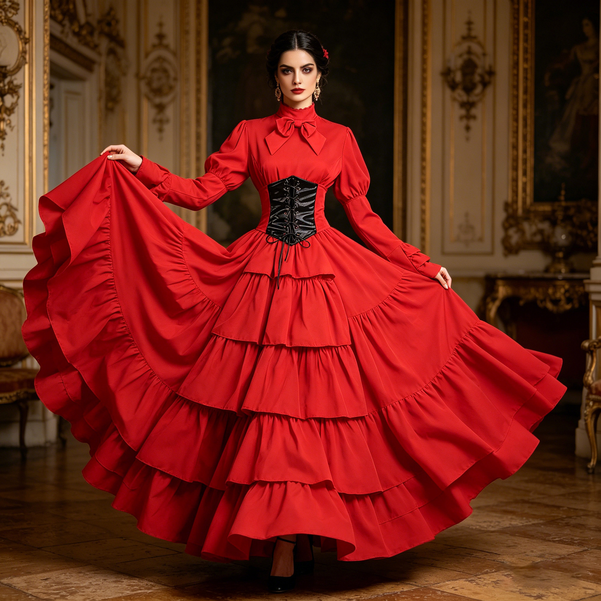 Womens Gothic Victorian Ball Gown - Long Sleeve Tiered Corset Dress